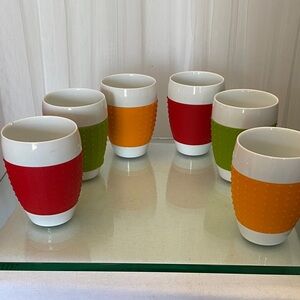 6 Bodum Porcelain Mugs with Textured Silicone Grip - Red, Orange, Green 12oz
